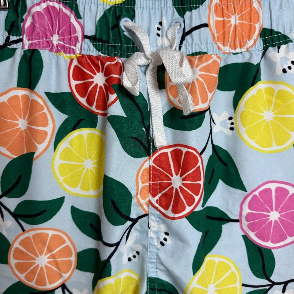 Hanna Andersson Citrus Print Swim Trunks‎ Mens L Blue Lemon Orange Beach Shorts